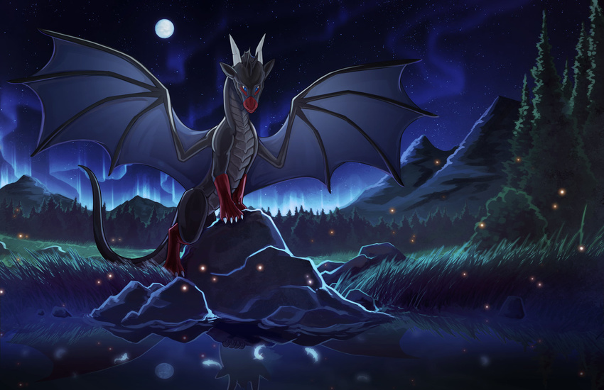 aurora_borealis blue_eyes chromamancer claws detailed_background dragon feral grass membranous_wings moon night outside rock scalie sky solo star starry_sky tree western_dragon wings
