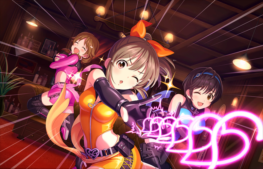 artist_request belt black_footwear black_legwear blush boots bow breasts brown_eyes brown_hair cleavage closed_eyes dress elbow_gloves fingerless_gloves gloves hair_bow hairband heart hori_yuuko idolmaster idolmaster_cinderella_girls idolmaster_cinderella_girls_starlight_stage katagiri_sanae lamp large_breasts long_hair low_twintails multiple_girls official_art oikawa_shizuku one_eye_closed open_mouth plant ponytail sexy_guilty short_hair short_twintails smile thigh_boots thighhighs twintails zipper