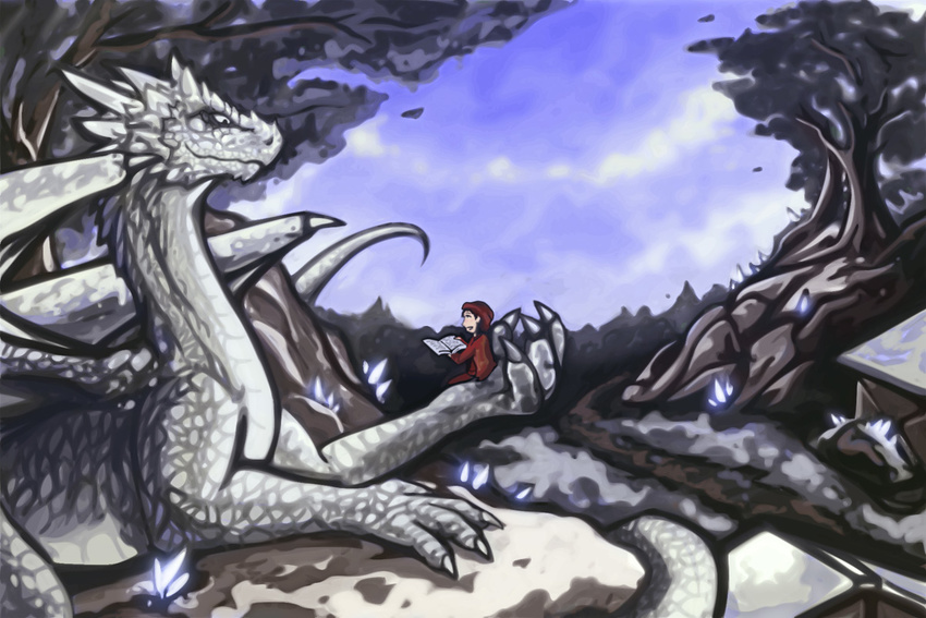 anthro chromamancer claws day detailed_background dragon duo feral lying membranous_wings outside scalie smile solo tree western_dragon white_scale wings