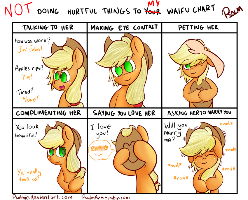 applejack_(mlp) blonde_hair dialogue earth_pony equine female feral friendship_is_magic green_eyes hair hat horse love mammal my_little_pony pony psalmie_(artist) shy solo text waifu waifu_chart