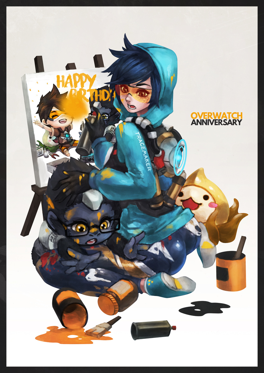 1girl absurdres alternate_costume alternate_hair_color blue_hair gorilla graffiti_tracer harness highres hood hoodie monori_rogue overwatch pachimari paint paint_can spray_can spray_paint tracer_(overwatch) winston_(overwatch) younger