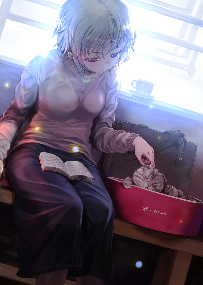 animal arm_at_side backlighting bag bangs bench black_legwear blush book breasts cat charm_(object) commentary cup dutch_angle earrings highres hoop_earrings indoors jewelry light_particles long_skirt long_sleeves medium_breasts mikazuki_akira! no_pupils open_book original parted_lips petting pink_sweater purple_eyes purple_skirt saucer school_bag short_hair silver_hair sitting skirt solo sweater teacup whiskers window windowsill