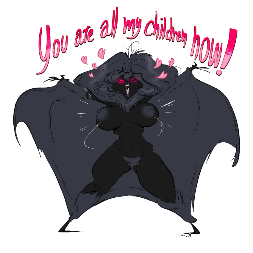&lt;3 alien big_breasts black_body black_fur black_hair breasts cryptid dialogue english_text fur glowing glowing_eyes hair happy humanoid mothman nipples nude open_mouth pink_eyes presenting_self pubes simple_background slb smile solo text white_background