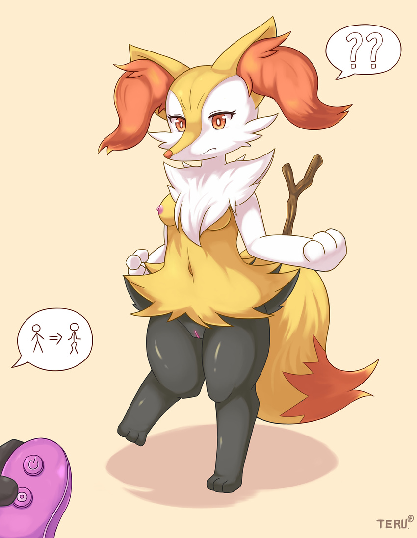 2016 ? amber_eyes anthro black_fur braixen breasts canine dialogue female fox foxteru fur mammal navel nintendo nipples nude orange_nose pok&eacute;mon pussy sex_toy signature simple_background solo standing stick unseen_character vibrator video_games white_fur wood yellow_background yellow_fur
