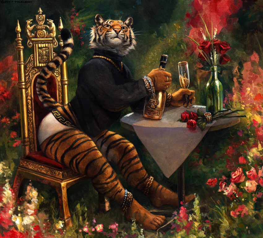 2017 alcohol anthro beverage black_fur bottle bottomless bracelet chair champagne clothed clothing feline flower fur glass jewelry kenket looking_at_viewer male mammal necklace orange_eyes orange_fur partially_clothed plant rose sitting solo stripes table tablecloth tacklebox teeth throne tiger traditional_media_(artwork) underwear whiskers white_fur