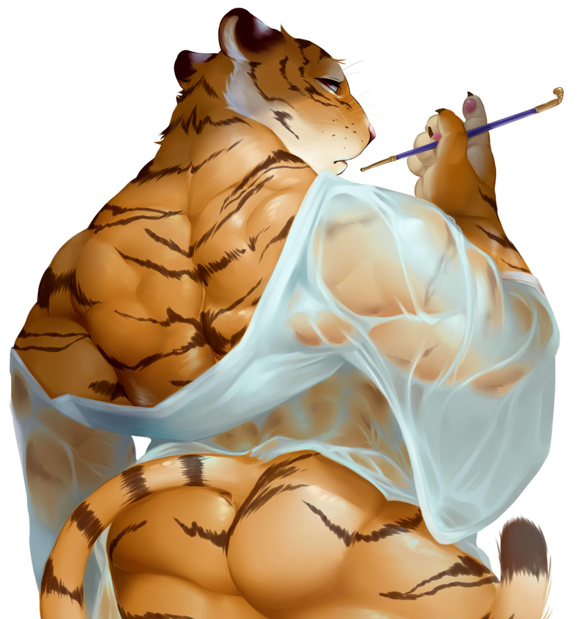 2017 anthro back_muscles biceps big_muscles black_fur brown_eyes butt claws feline fur looking_at_viewer looking_back male mammal mostly_nude muscular muscular_male orange_fur raised_arm sheeporwolf simple_background smoking solo standing stripes tiger white_background white_fur