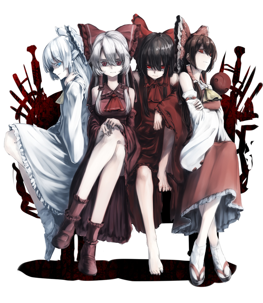 alternate_color alternate_eye_color alternate_hair_color ascot bangs bare_shoulders barefoot black_hair blue_eyes bow breasts character_request clog_sandals closed_mouth commentary_request crossed_legs detached_sleeves full_body hair_between_eyes hair_bow hair_tubes hakurei_reimu highres long_sleeves looking_at_viewer m.u.g.e.n maga-reimu mary_janes medium_breasts multiple_girls multiple_persona nontraditional_miko onimiko pale_skin red_eyes red_sleeves rion_(glayjirobass) serious shirt shoes sidelocks silver_hair sitting skirt skirt_set tabi touhou white_sleeves wide_sleeves