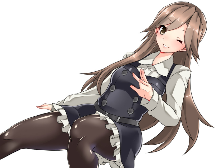 ;d arashio_(kantai_collection) arm_at_side bangs black_dress black_legwear blush breasts brown_eyes brown_hair collared_shirt commentary_request double-breasted dress dutch_angle eyebrows_visible_through_hair flipped_hair frilled_dress frills kantai_collection lips long_hair long_sleeves looking_at_viewer maron_(kagamikunn) medium_breasts one_eye_closed open_mouth pantyhose pinafore_dress remodel_(kantai_collection) shirt simple_background smile solo swept_bangs very_long_hair white_background white_shirt wing_collar