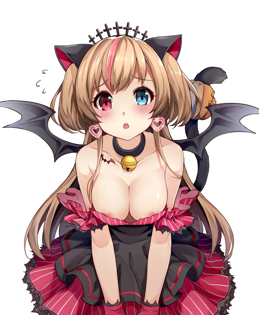 3.14 :o animal_ears areola_slip areolae bangs bare_shoulders bat_wings bell bell_collar blue_eyes blush breasts brown_hair cat_ears cat_tail cleavage collar collarbone commentary demon_wings downblouse dress earrings flying_sweatdrops girls_frontline heart heart_earrings heterochromia highres jewelry jingle_bell long_hair looking_at_viewer medium_breasts mk_23_(girls_frontline) multicolored_hair pink_hair red_eyes simple_background solo strapless strapless_dress streaked_hair tail tattoo two_side_up very_long_hair white_background wings