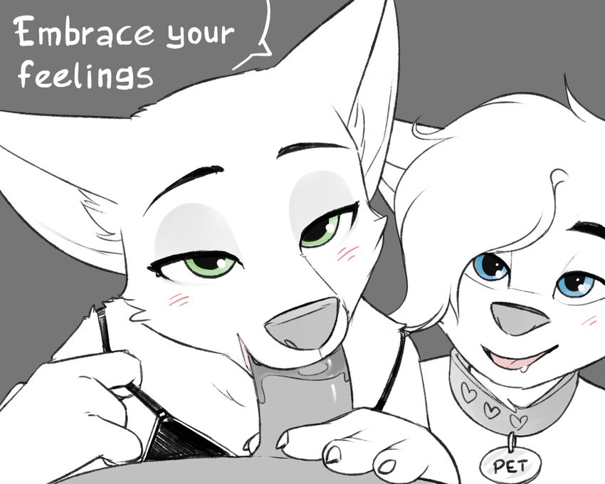 4_fingers alex blue_eyes blush canine clothed clothing collar crossdressing dialogue disney drooling fatalfox feline fellatio first_person_view fox green_eyes lingerie lipstick makeup male male/male mammal monochrome nick_wilde oral saliva sex zootopia