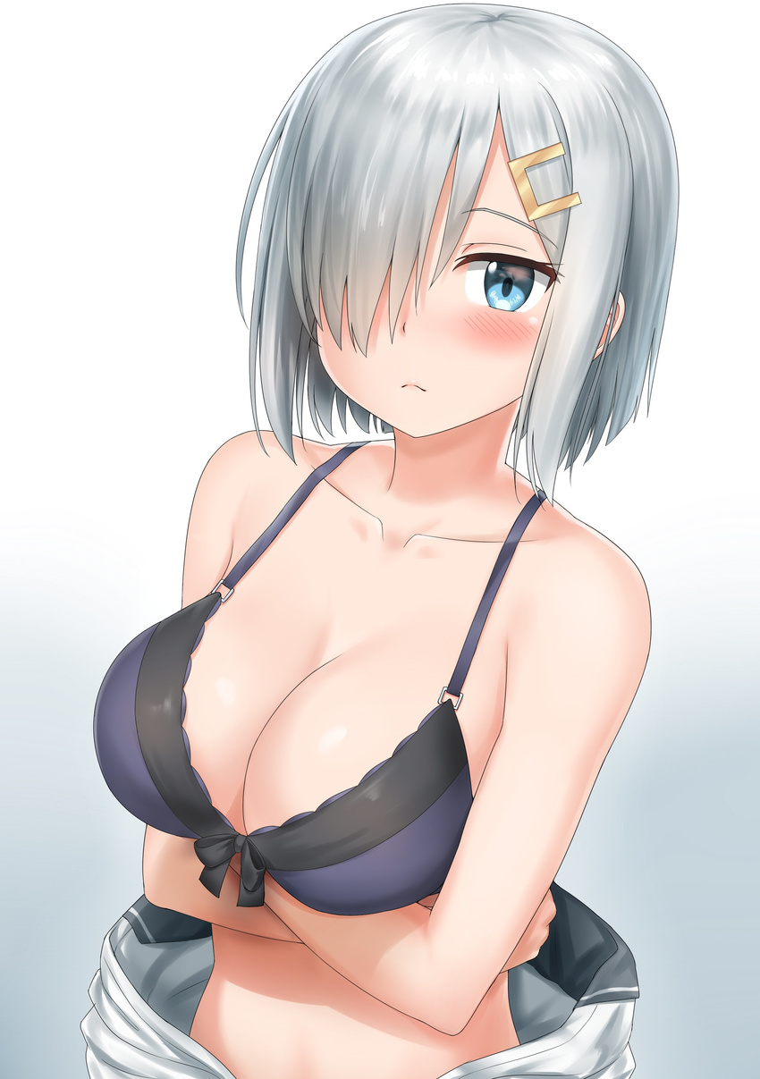 absurdres blue_bra blue_eyes blush bra breasts clothes_around_waist collarbone crossed_arms gradient gradient_background hair_ornament hair_over_one_eye hairclip hamakaze_(kantai_collection) highres kantai_collection lace lace_bra large_breasts looking_at_viewer nedia_(nedia_region) partially_undressed school_uniform serafuku shirt_around_waist short_hair silver_hair solo underwear upper_body