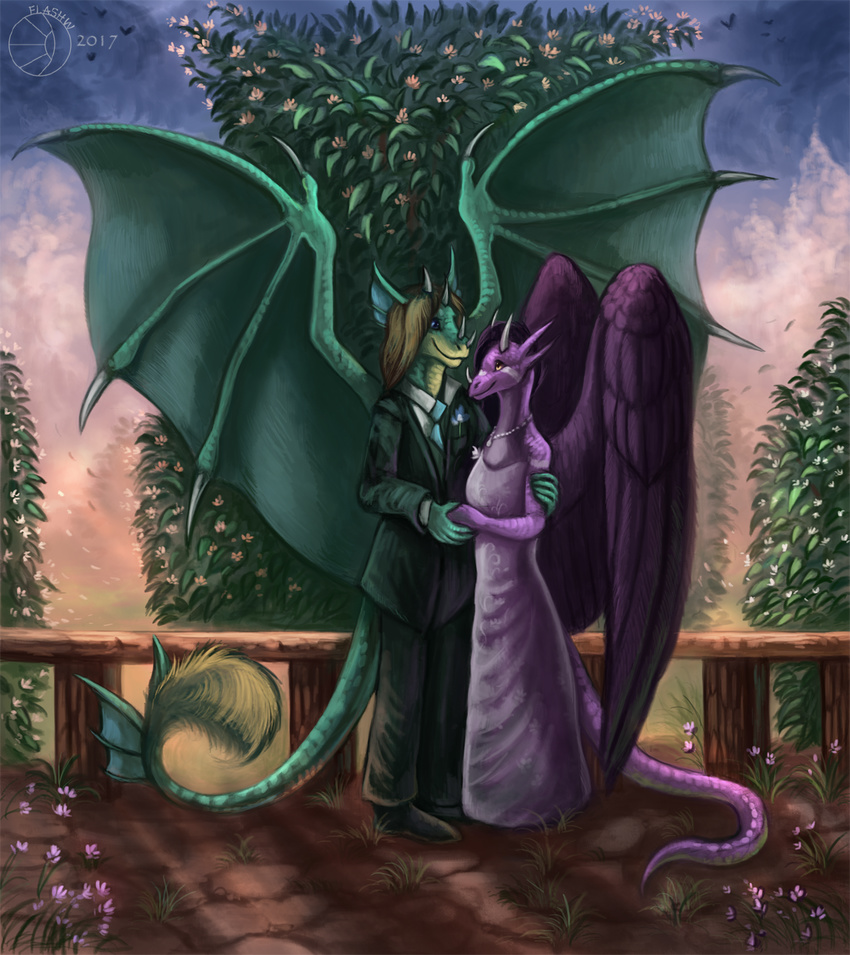 2017 anthro blue_hair brown_eyes clothed clothing detailed_background dragon dress duo female flashw grass hair male membranous_wings purple_hair smile standing wings