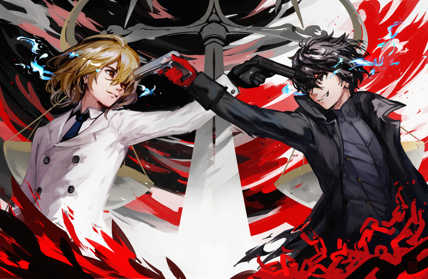 amamiya_ren black_hair brown_eyes brown_hair gloves gun k_(sktchblg) mexican_standoff multiple_boys necktie persona persona_5 short_hair smile weapon