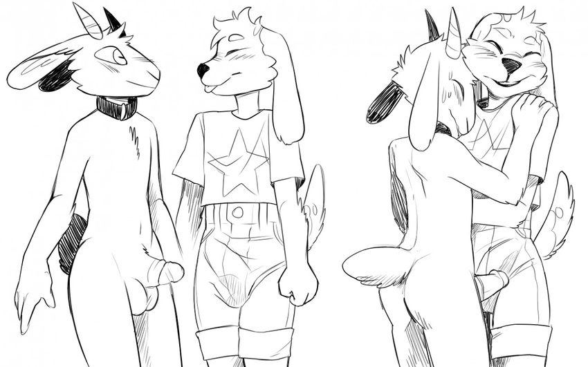 2016 anthro balls blush bulge butt canine caprine clothed clothing collar dog duo erection eyes_closed fur goat growth horn invalid_tag love male male/male mammal ned_(scotch) nude penis tongue tongue_out vanjapanda yagi_(scotch)