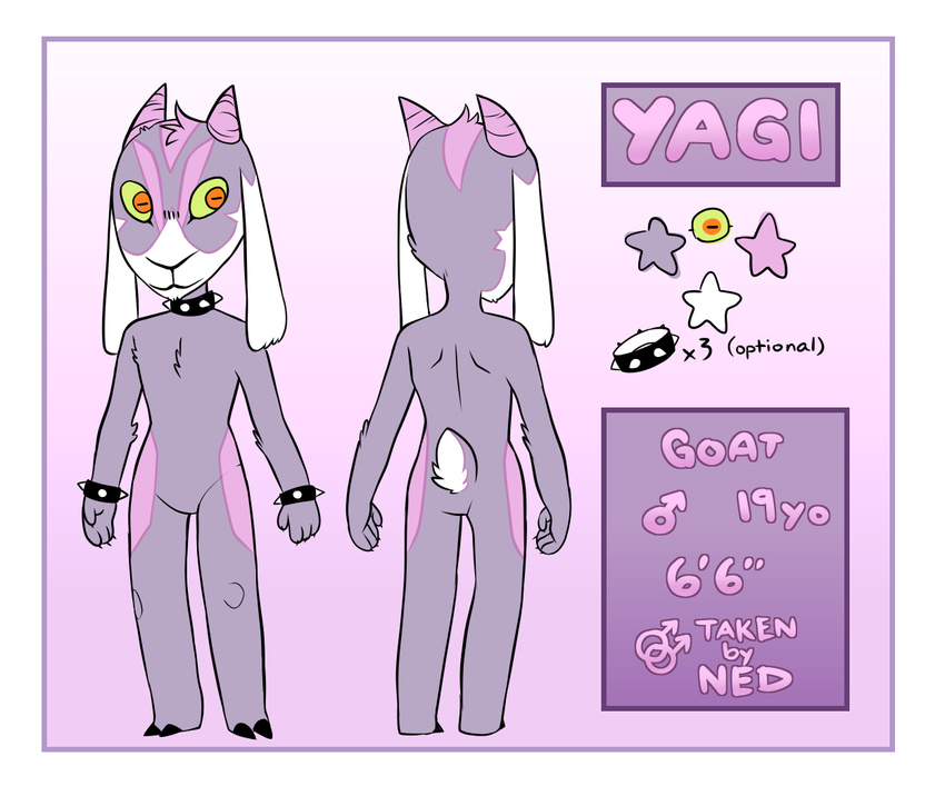 2016 anthro bracelet caprine collar design front_view fur goat green_eyes hooves horn invalid_tag jewelry male mammal model_sheet nude pink_fur pose punk purple_fur rear_view sheet_(disambiguation) solo spikes vanjapanda white_fur yagi_(scotch)