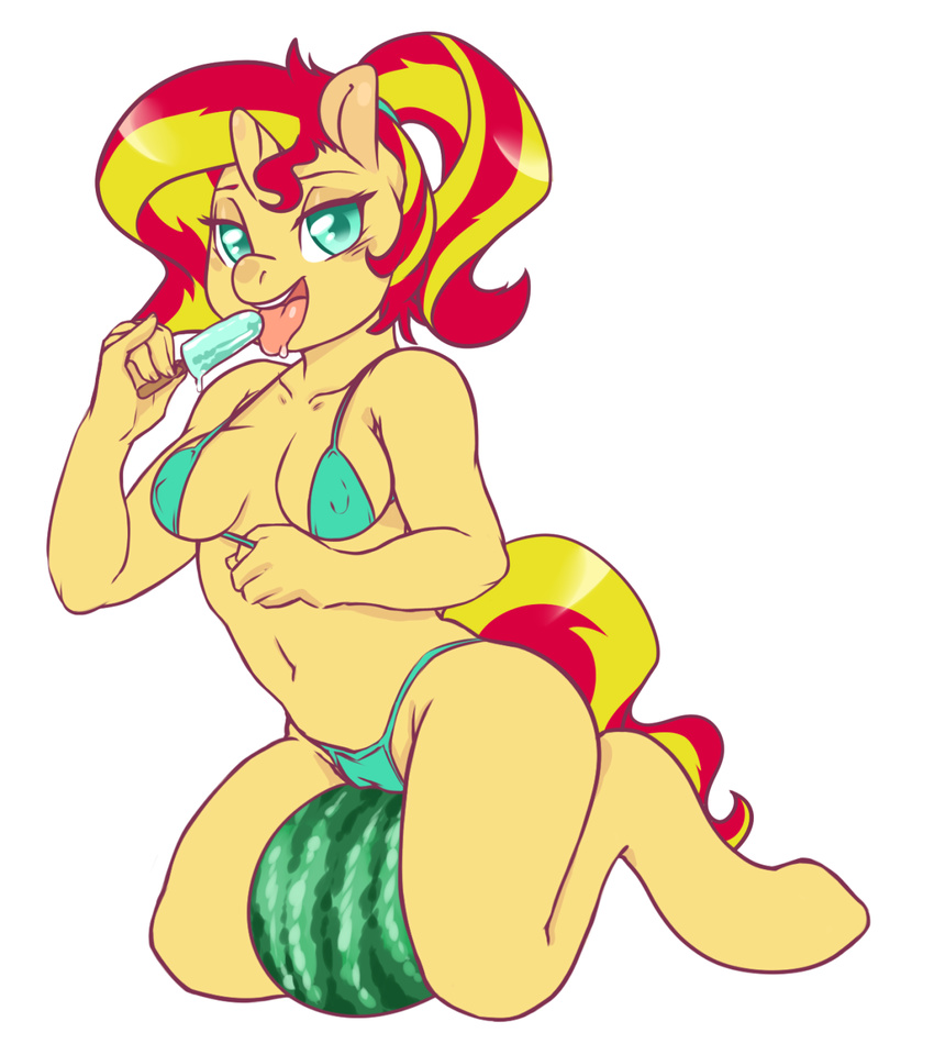 2017 anal anal_penetration anthro anthrofied aries84 bikini blush camel_toe clothing equestria_girls equine female food fruit hair horn looking_at_viewer mammal melon multicolored_hair my_little_pony open_mouth penetration popsicle solo sunset_shimmer_(eg) swimsuit tongue tongue_out two_tone_hair unicorn vaginal vaginal_penetration watermelon