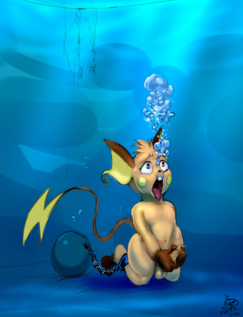 2017 anthro asphyxiation bubble byondrage choking drowning erection fur hi_res male mammal masturbation nintendo nude open_mouth penile_masturbation penis pok&eacute;mon raichu rodent simple_background solo tongue tongue_out underwater video_games water