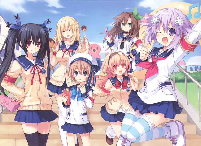 6+girls ^_^ ^o^ armband black_hair blanc blonde_hair blue_eyes blush book cellphone choujigen_game_neptune cloud collar compa dango eyes_closed food food_in_mouth green_eyes hair_between_eyes hair_ornament half_updo hat headband high_resolution holding if_(choujigen_game_neptune) large_filesize lavender_hair long_hair long_sleeves mouth_hold multiple_girls necktie neptune_(choujigen_game_neptune) neptune_(series) noire one_eye_closed open_mouth orange_eyes orange_hair outdoors paper phone pink_hair purple_eyes purple_hair railing red_eyes school_uniform serafuku sky smile star striped striped_legwear takoyaki thighhighs tied_hair tsunako twintails uniform vert very_high_resolution wagashi white_legwear wink zettai_ryouiki