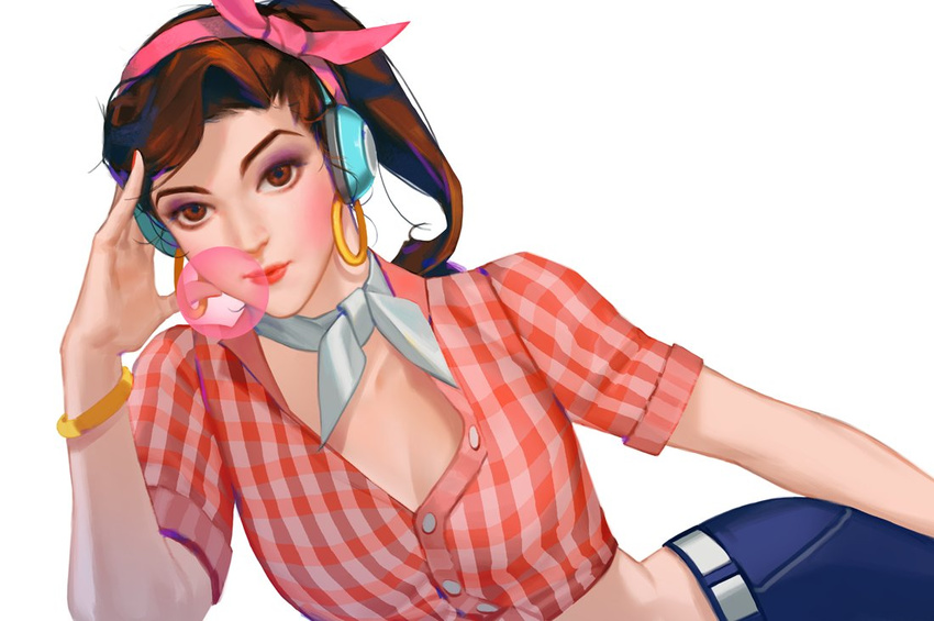 ;) alternate_costume alternate_hairstyle arm_at_side arm_support bangs belt blue_pants bracelet breasts brown_eyes brown_hair bubble_blowing chewing_gum cleavage closed_mouth collarbone cruiser_d.va d.va_(overwatch) earrings fingernails front-tie_top hairband hand_on_own_head hand_to_head hand_up head_scarf headphones hoop_earrings jewelry looking_at_viewer lying makeup mascara medium_breasts nail_polish neck_ribbon nose on_side one_eye_closed overwatch pants pink_background pink_hairband pink_ribbon plaid plaid_shirt ponytail red_lips red_nails red_shirt rhor ribbon shirt short_hair simple_background smile solo swept_bangs tight tight_pants white_background white_belt white_ribbon