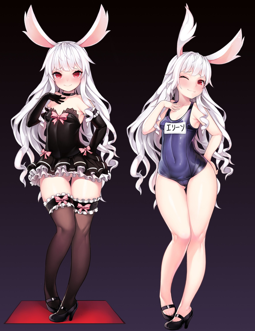 absurdres animal_ears ass_visible_through_thighs bare_shoulders black_background black_footwear black_gloves black_legwear blush breasts bunny_ears choker collarbone covered_navel elin_(tera) gloves grimgrim high_heels highres hips leg_garter legs long_hair looking_at_viewer maid mary_janes multiple_views name_tag old_school_swimsuit one-piece_swimsuit one_eye_closed red_eyes school_swimsuit shoes simple_background small_breasts smile standing swimsuit tera_online thighhighs variations white_hair
