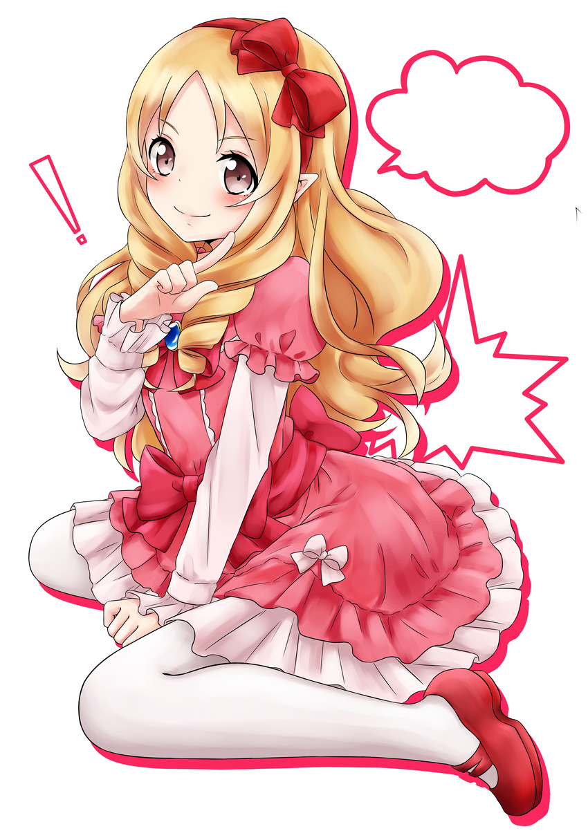 1girl absurdres akai_neko blonde_hair bow brown_eyes dress drill_hair eromanga_sensei frills full_body hair_bow hairband highres index_finger_raised lolita_fashion long_hair long_sleeves looking_at_viewer pink_dress pointy_ears red_bow red_footwear shoes short_over_long_sleeves short_sleeves sitting smile solo speech_bubble thighhighs twin_drills wariza white_legwear yamada_elf