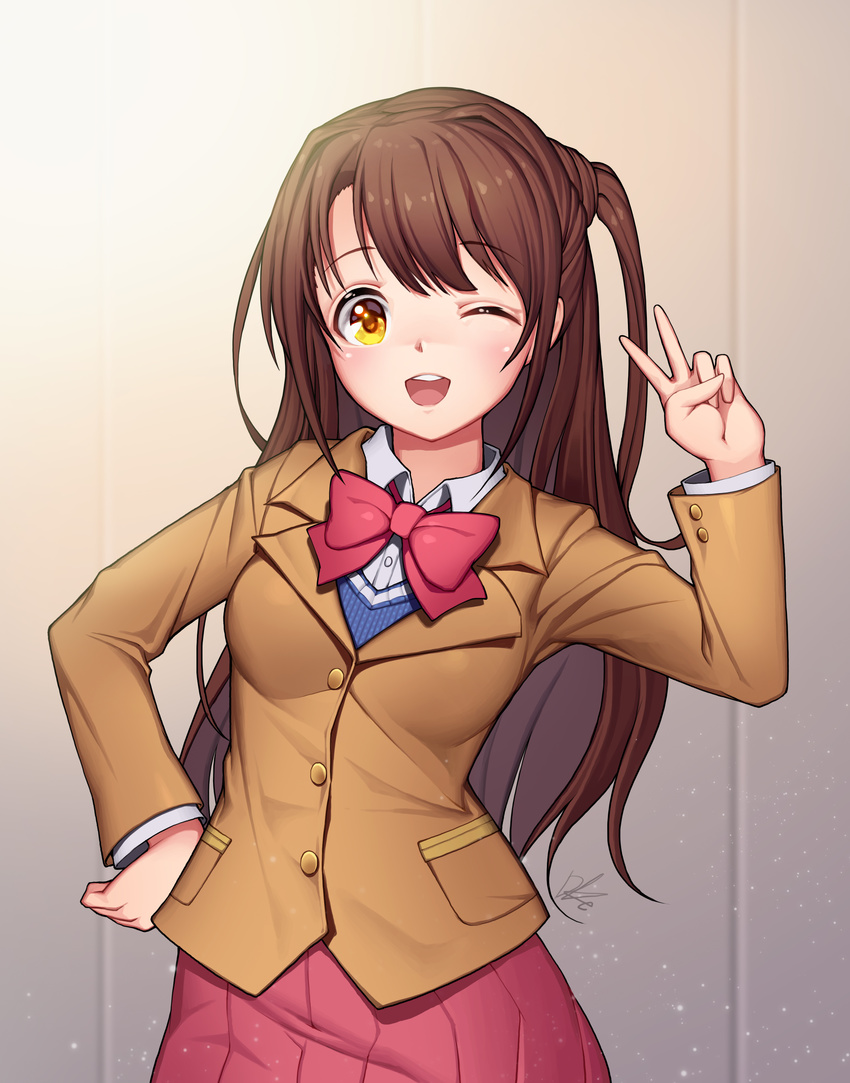 absurdres bad_id bad_pixiv_id blush bow bowtie brown_hair eyebrows_visible_through_hair hand_on_hip highres idolmaster idolmaster_cinderella_girls lee_seok_ho long_hair looking_at_viewer one_eye_closed one_side_up open_mouth red_bow red_neckwear red_skirt shimamura_uzuki skirt smile solo sweater_vest teeth v yellow_eyes