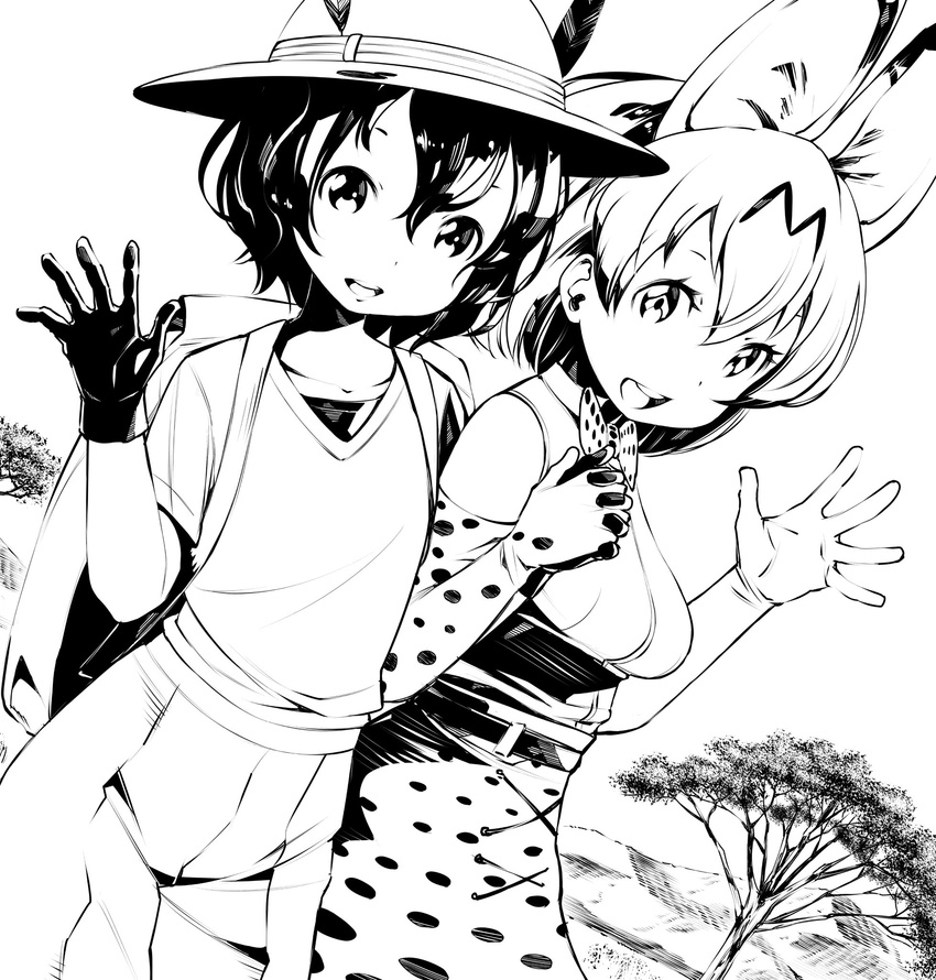 animal_ears backpack bag bow bowtie commentary_request cross-laced_clothes elbow_gloves fukushima_masayasu gloves hat hat_feather helmet highres holding_hands interlocked_fingers kaban_(kemono_friends) kemono_friends multiple_girls pith_helmet serval_(kemono_friends) serval_ears serval_print serval_tail shirt sleeveless sleeveless_shirt tail