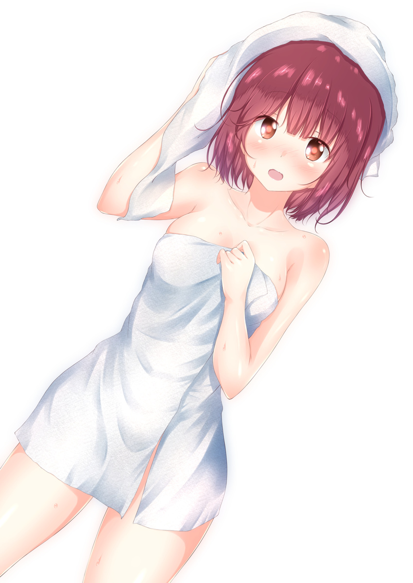 :o absurdres arm_up atelier_(series) atelier_sophie bangs bare_arms bare_shoulders blunt_bangs blush body_blush collarbone commentary_request cowboy_shot drying drying_hair dutch_angle hand_on_own_chest highres looking_at_viewer naked_towel nose_blush numpopo open_mouth orange_eyes red_eyes shiny shiny_hair shiny_skin short_hair solo sophie_neuenmuller standing sweat tareme thighs towel towel_on_head water water_drop