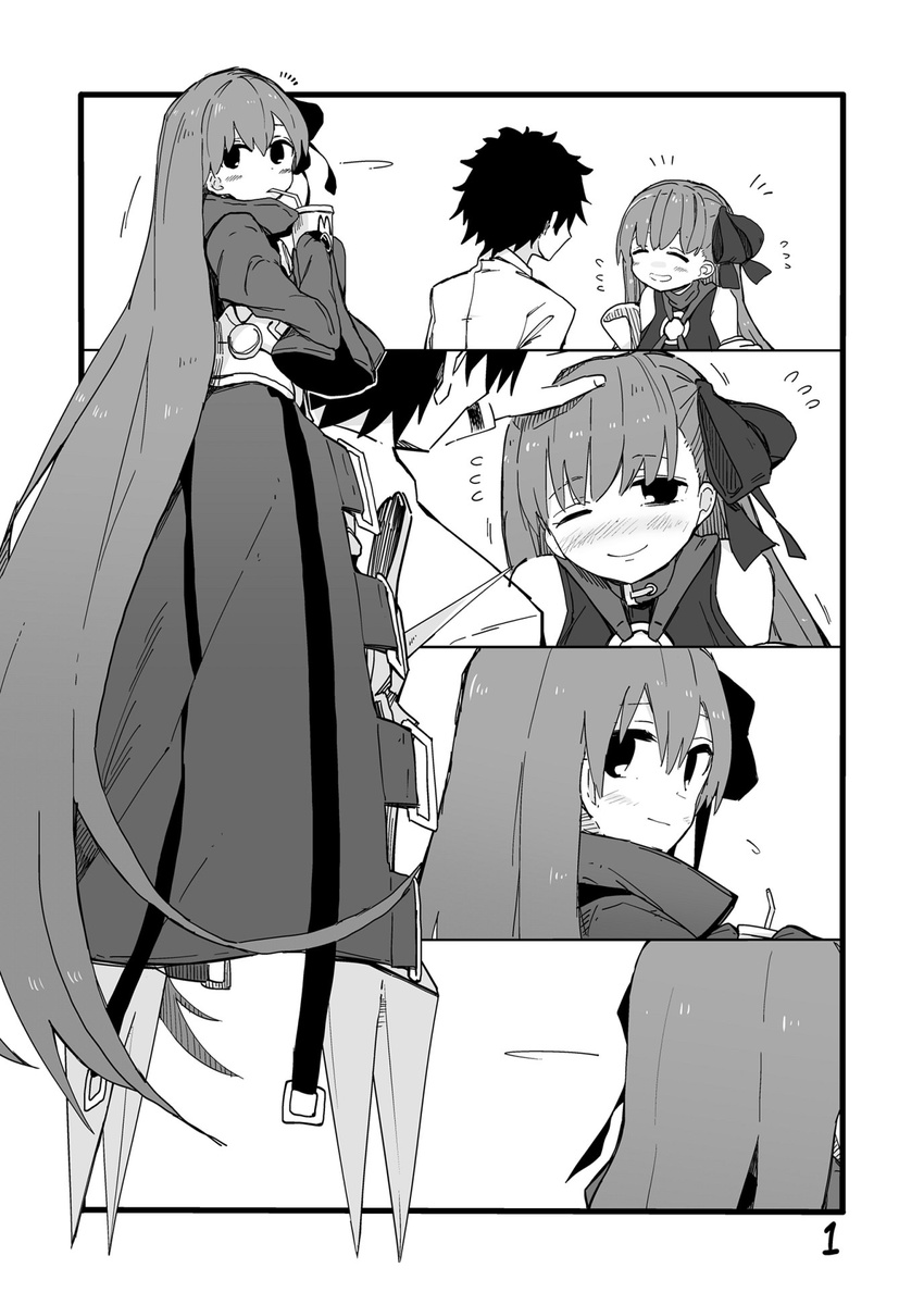 absurdly_long_hair blush bow comic commentary_request cup drinking drinking_straw fate/extra fate/extra_ccc fate/grand_order fate_(series) flying_sweatdrops fujimaru_ritsuka_(male) greyscale hair_ribbon highres long_hair meltlilith monochrome multiple_girls o-ring o-ring_top one_eye_closed passion_lip ribbon very_long_hair waira