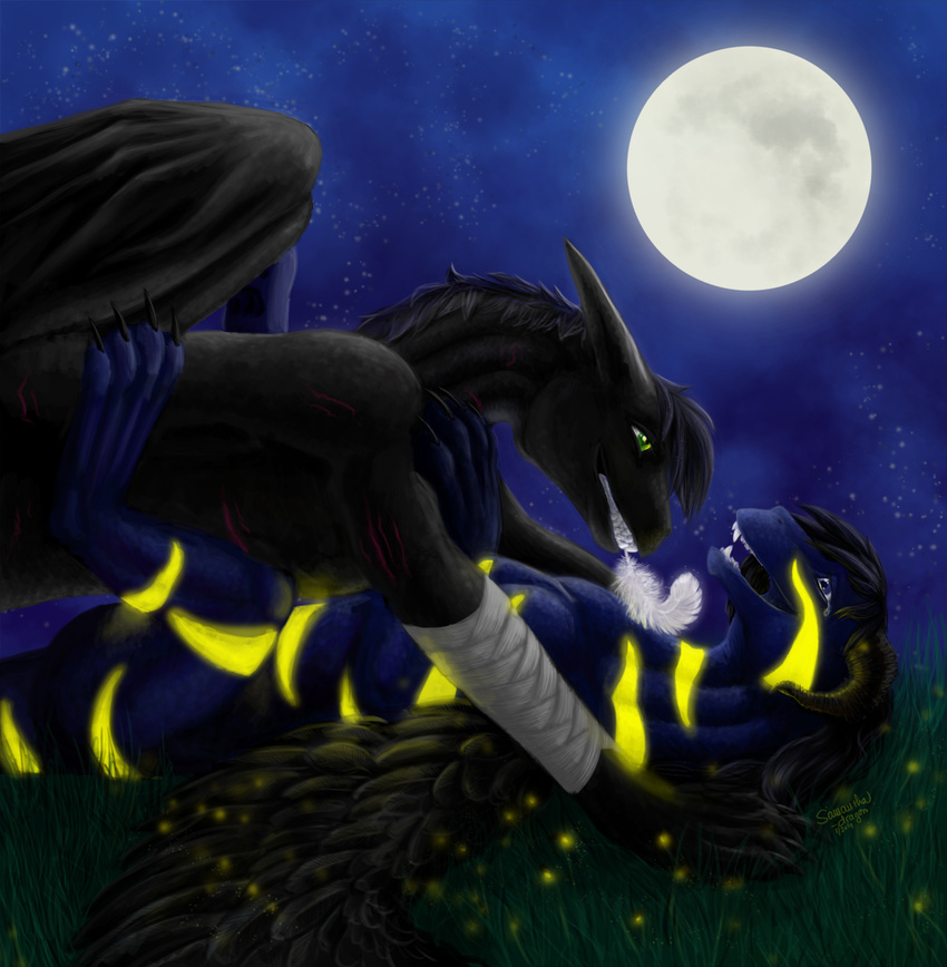 black_feathers black_hair blue_eyes claws digital_media_(artwork) dragon duo feathered_dragon feathers green_eyes hair horn membranous_wings moon open_mouth samantha-dragon sky smile star starry_sky teeth wings