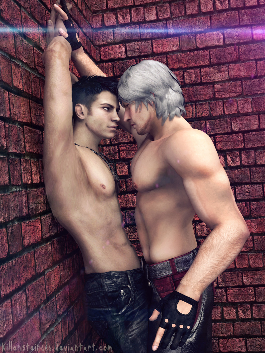 2boys 3d abs against_wall devil_may_cry gloves grin killystein male_focus multiple_boys muscle naughty_face restrained silver_hair smirk source_filmmaker topless undressing yaoi