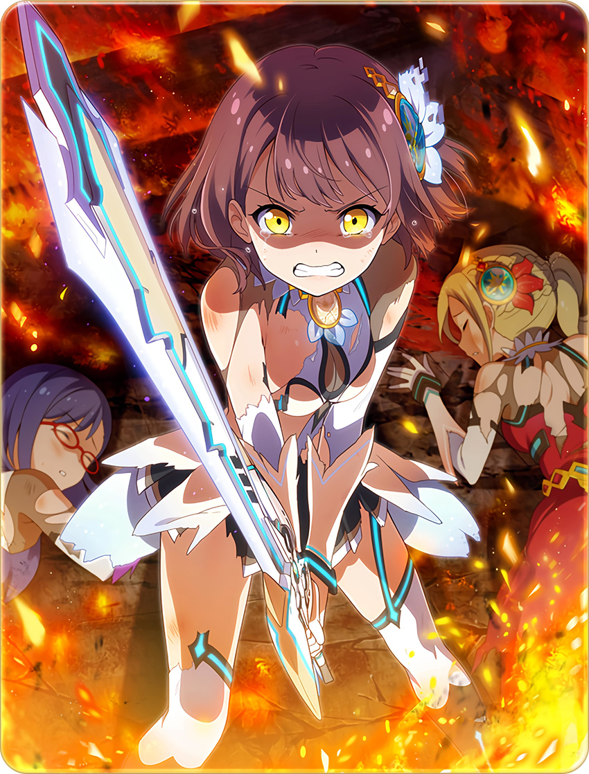 absurdres battle_girl_high_school breasts cleavage clenched_teeth fire glasses glowing glowing_eyes hair_ornament highres looking_at_viewer medium_breasts mitsurugi_furan multiple_girls sakaide_mari short_hair spoilers sword tears teeth torn_clothes unconscious weapon yakumo_itsuki