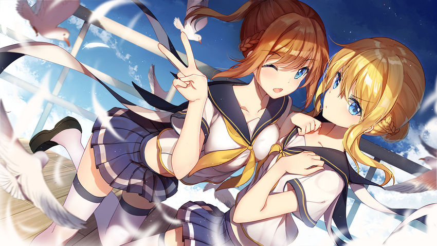;d azur_lane bangs bird bison_cangshu blonde_hair blue_eyes blue_sky blush braid breasts brown_hair collarbone commentary_request day dove french_braid from_side highres large_breasts looking_at_viewer looking_to_the_side miniskirt multiple_girls neckerchief one_eye_closed open_mouth outdoors pleated_skirt renown_(azur_lane) repulse_(azur_lane) school_uniform short_sleeves skirt sky smile thighhighs v white_feathers white_legwear