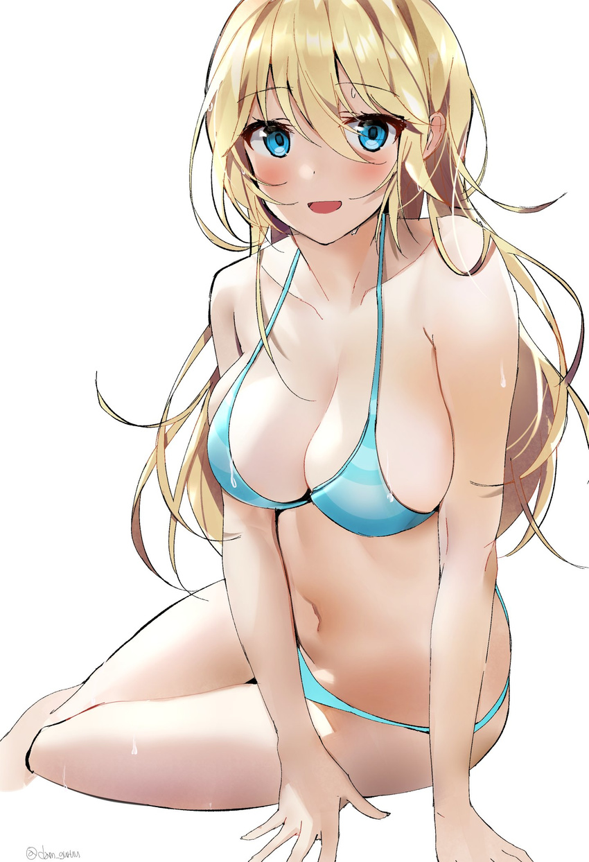 arm_support bare_shoulders bikini blonde_hair blue_bikini blue_eyes blush breasts cleavage collarbone eyebrows_visible_through_hair hair_between_eyes highres large_breasts long_hair looking_at_viewer navel open_mouth original sabet_(young_ouo) simple_background sitting smile solo striped striped_bikini sweat swimsuit wet white_background yokozuwari