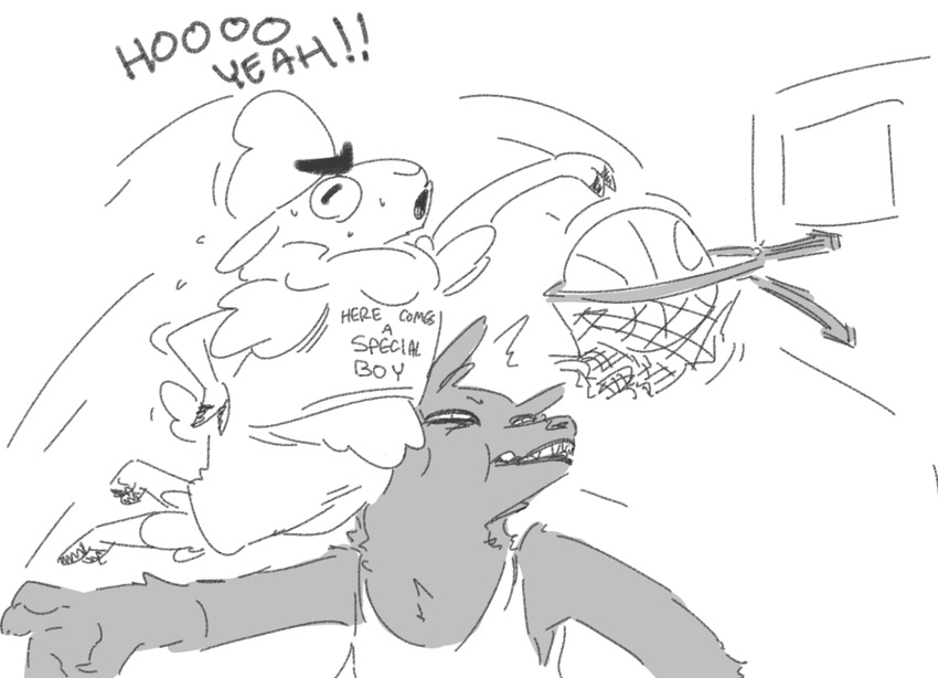 anthro ball basketball betty_(weaver) black_fur canine caprine clothing dialogue duo english_text fan_character female fur humor male mammal nobby_(artist) pack_street remmy_cormo sheep shirt simple_background sport surprise sweat tank_top text white_background wolf wool