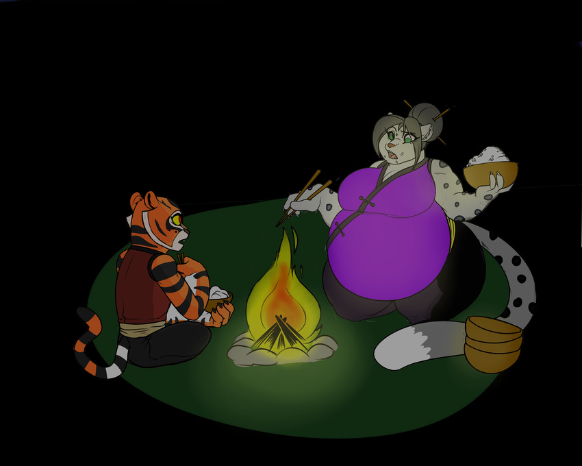 amelia_s_cooper bowls dialogue dreamworks feline female fire fire_pit food kung_fu_panda lei leopard mammal master_tigress mr.pink obese overweight rice snow_leopard tiger