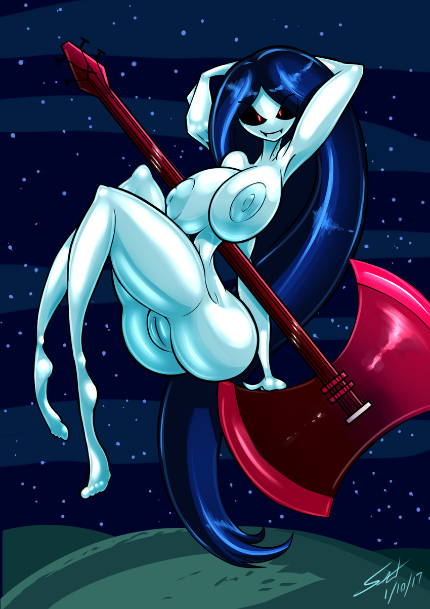 adventure_time anthro armpits axe big_breasts black_hair breasts cartoon_network female guitar hair huge_breasts humanoid levitating looking_at_viewer mammal marceline melee_weapon musical_instrument night nipples not_furry nude pussy saliant solo vampire weapon