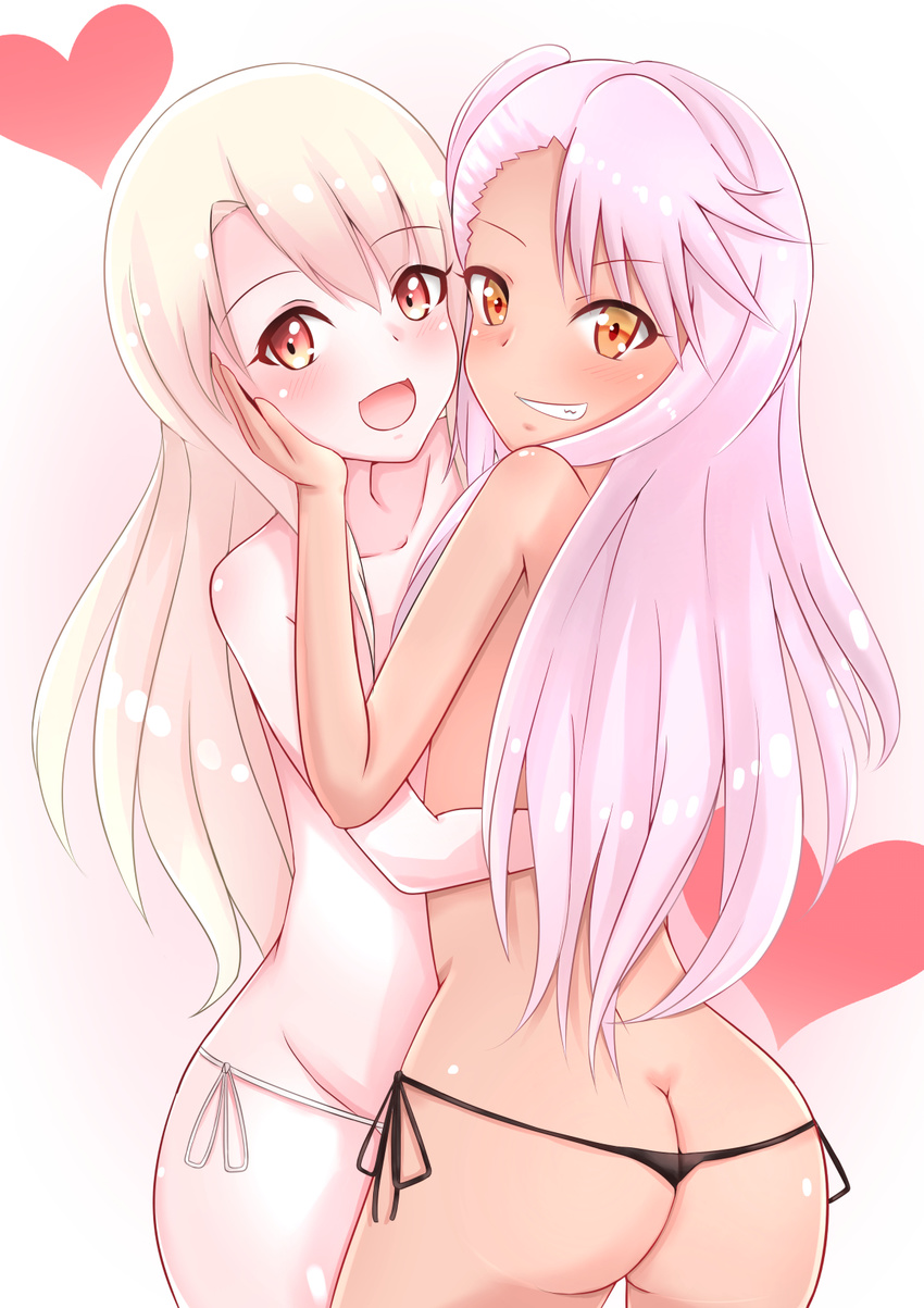:d ass bad_id bad_pixiv_id bangs black_panties black_ribbon blonde_hair blush butt_crack chloe_von_einzbern collarbone commentary_request dark_skin eyebrows_visible_through_hair eyelashes fate_(series) from_behind gradient gradient_background grin hair_between_eyes hand_on_another's_cheek hand_on_another's_face heart highres hug illyasviel_von_einzbern long_hair looking_at_viewer looking_back multiple_girls nonsuke one_side_up open_mouth orange_eyes panties pink_hair red_eyes ribbon side-tie_panties smile teeth thong topless underwear very_long_hair white_panties white_ribbon yuri