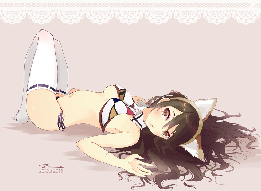 animal_ears ashigara_(kantai_collection) bare_shoulders breasts brown_eyes brown_hair commentary_request covered_nipples crop_top dated eyebrows_visible_through_hair fake_animal_ears full_body hair_between_eyes highres kantai_collection long_hair looking_at_viewer lying medium_breasts navel on_back open_mouth panties ribbon-trimmed_legwear ribbon_trim side-tie_panties solo tebi_(tbd11) thighhighs underboob underwear white_legwear