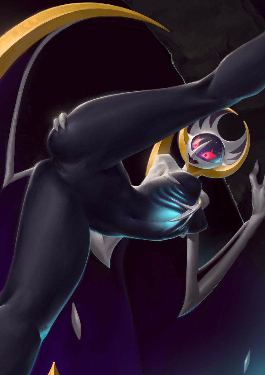 2017 anthro bat bent_over black_body breasts butt digital_media_(artwork) eosphorite fangs female hand_on_butt hi_res legendary_pok&eacute;mon looking_back looking_through_legs low-angle_view lunala mammal membranous_wings navel nintendo nipples nude open_mouth pok&eacute;mon pok&eacute;morph presenting presenting_hindquarters presenting_pussy pussy red_eyes slim solo tongue translucent_body video_games winged_arms wings yellow_body