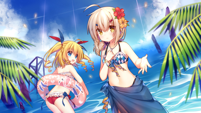 :d absurdres ahoge argyle_bikini ass azur_lane bandeau bangs bare_shoulders bikini blonde_hair blue_bikini blue_bow blue_eyes blue_sky blurry blush bow closed_mouth cloud cloudy_sky commentary_request day depth_of_field eyebrows_visible_through_hair flower front-tie_bikini front-tie_top gridley_(azur_lane) hair_bow hair_ornament hairclip hibiscus highres innertube jewelry jiang-ge leaning_forward looking_at_viewer looking_back low_ponytail maury_(azur_lane) multiple_girls necklace ocean open_mouth outdoors outstretched_hand palm_leaf red_bikini red_bow ringlets sarong sky smile swimsuit thighs twintails whistle yellow_eyes