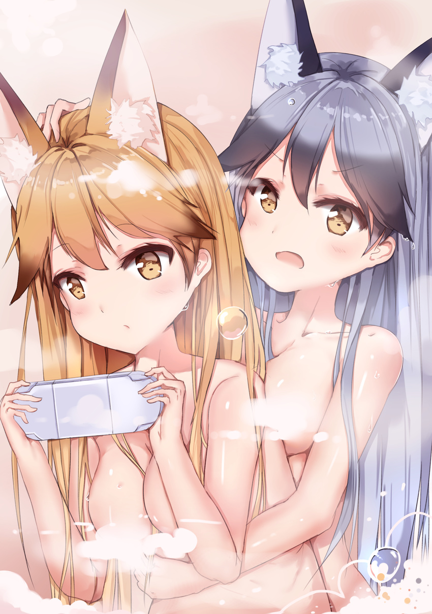 :/ :o absurdres animal_ears bad_anatomy bangs blonde_hair blush breasts brown_eyes brown_hair cleavage closed_mouth collarbone convenient_censoring eyelashes ezo_red_fox_(kemono_friends) fox_ears gradient gradient_background hair_between_eyes handheld_game_console highres holding hug hug_from_behind kemono_friends leaning_forward long_hair looking_at_viewer medium_breasts multicolored_hair multiple_girls nude open_mouth pink_background playing_games playstation_vita ris_(pixiv_12266637) shiny shiny_skin silver_fox_(kemono_friends) soap_bubbles steam steam_censor straight_hair streaked_hair tareme upper_body v-shaped_eyebrows very_long_hair water water_drop wet