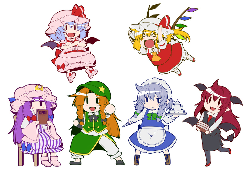 &gt;_&lt; :d ahoge apron arms_up bangs bat_wings black_legwear blonde_hair blue_dress blue_hair blunt_bangs blush_stickers book book_stack boots braid chair chibi china_dress chinese_clothes closed_eyes collared_shirt crescent crescent_moon_pin cross-laced_footwear crossed_arms cup demon_tail dress dress_shirt eichi_yuu fang fighting_stance flandre_scarlet foreshortening full_body green_dress hair_ribbon hat head_wings high_heels holding holding_book hong_meiling izayoi_sakuya knife koakuma long_hair long_sleeves looking_at_viewer low_wings maid maid_headdress mob_cap multiple_girls necktie one_side_up open_mouth pants pants_under_dress pantyhose patchouli_knowledge pointy_ears purple_dress purple_hair red_hair red_neckwear remilia_scarlet ribbon shirt shoes short_hair short_sleeves side_braid sidelocks silver_hair sitting skirt skirt_set slippers smile standing standing_on_one_leg star tail teacup teapot the_embodiment_of_scarlet_devil touhou tray tress_ribbon twin_braids v-shaped_eyebrows very_long_hair vest waist_apron white_shirt wide_sleeves wings xd |_|