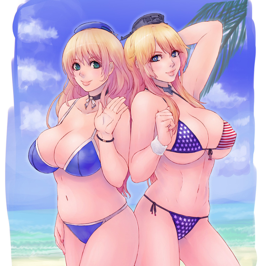 alva american_flag american_flag_bikini atago_(kantai_collection) beach beret bikini blonde_hair blue_eyes blush bracelet breasts choker cleavage cloud color_connection commentary_request day eyebrows_visible_through_hair flag_print front-tie_top green_eyes hair_color_connection hat highres iowa_(kantai_collection) jewelry kantai_collection large_breasts lips long_hair looking_at_viewer multiple_girls outdoors plump side-tie_bikini smile star star-shaped_pupils swimsuit symbol-shaped_pupils toned