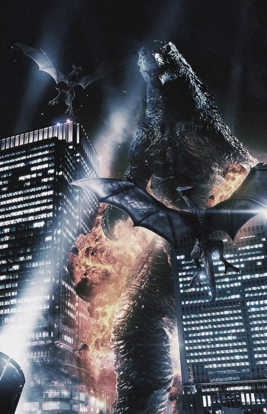 artist_request building city crossover dinosaur epic explosion fire flying gamera_(series) giant_monster gills godzilla godzilla_(2014) godzilla_(series) gyaos kaijuu monster monsterverse night no_humans realistic searchlight skyscraper source_request tail wings