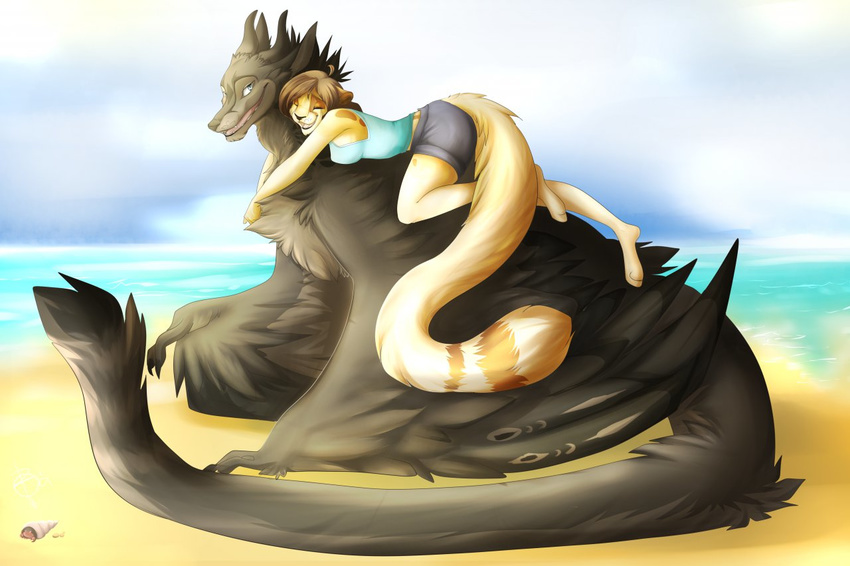 anthro black_feathers black_lips clothed clothing dragon eyes_closed feathers feline female feral furred_wyvern horn mammal open_mouth rikitoka sand shore smile tongue water wyvern