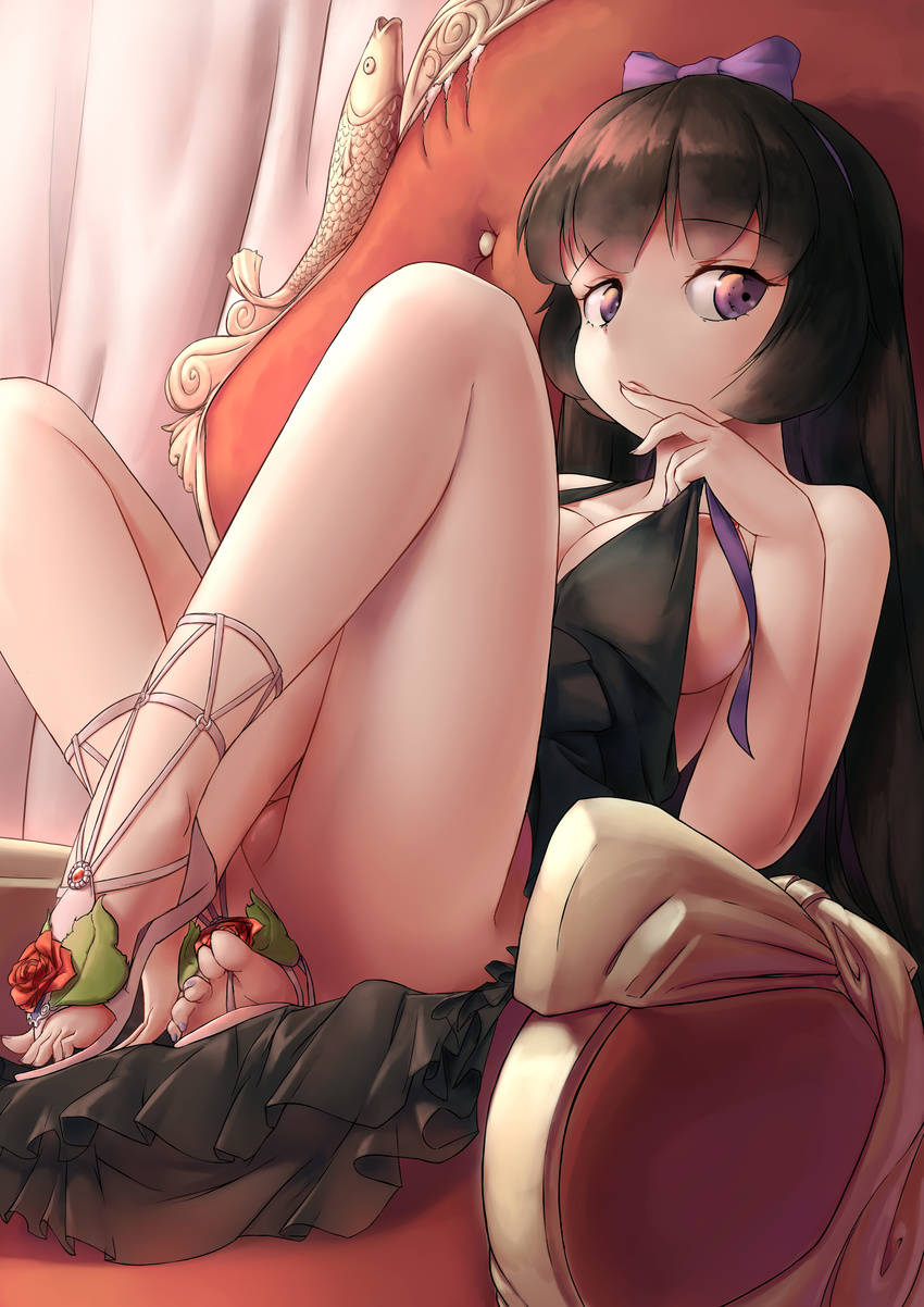 :&lt; absurdres bangs bare_arms bare_shoulders black_dress black_hair bow breasts cleavage closed_mouth commentary_request crossed_ankles curtains day dress evening_gown eyebrows_visible_through_hair feet finger_to_mouth fingernails flower foreshortening from_below gem hair_bow hairband highres indoors knees_up large_breasts leaf legs long_fingernails long_hair looking_at_viewer looking_down nail_polish no_panties open_toe_shoes original partially_visible_vulva pulled_by_self purple_bow purple_eyes purple_hairband purple_nails red_flower red_rose rose ruby_(stone) shoes sitting solo straight_hair strap_pull tareme throne toenail_polish toes upskirt very_long_hair yashemao_qishi