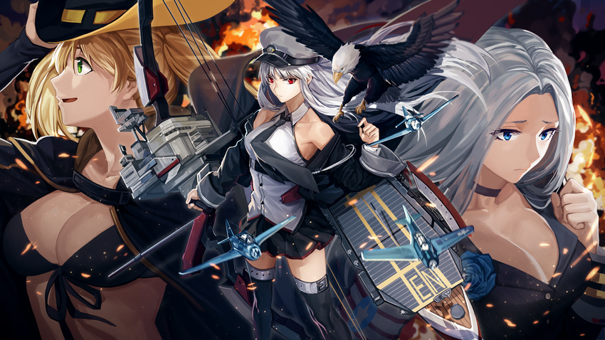 azur_lane bald_eagle belt bikini bird blonde_hair blue_eyes bow_(weapon) breasts cape choker cleavage coat collarbone compound_bow cowboy_hat eagle enterprise_(azur_lane) explosion f6f_hellcat feathers flight_deck flower flying from_above green_eyes hand_on_headwear hat highres holding hornet_(azur_lane) landing large_breasts looking_to_the_side looking_up mecha_musume miniskirt multiple_girls necktie official_art pleated_skirt red_eyes rff_(3_percent) rose shrug_(clothing) silver_hair skirt sleeveless swimsuit tbf_avenger thigh_strap thighhighs twintails us_navy weapon wind world_war_ii yorktown_(azur_lane) zettai_ryouiki