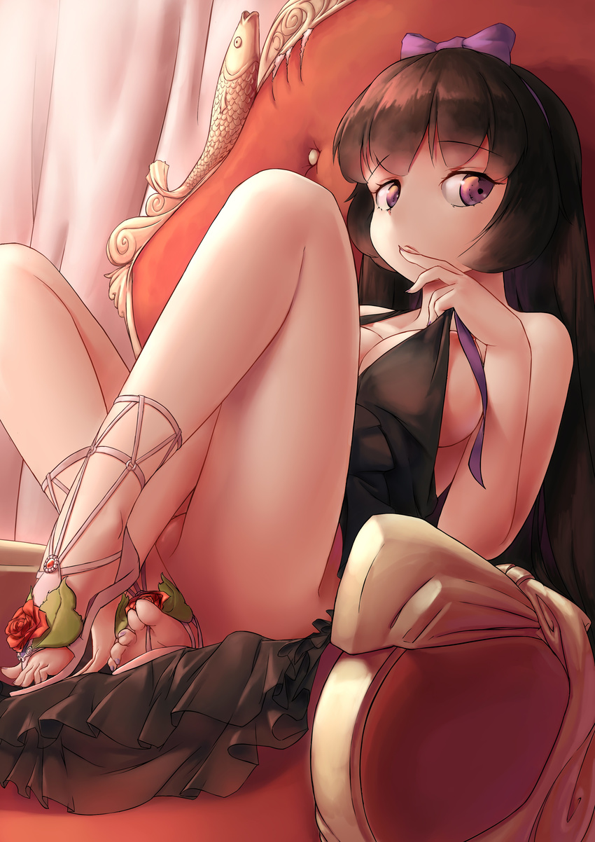 :&lt; absurdres bangs bare_arms bare_shoulders black_dress black_hair bow breasts cleavage closed_mouth commentary_request crossed_ankles curtains day dress evening_gown eyebrows_visible_through_hair feet finger_to_mouth fingernails flower foreshortening from_below gem hair_bow hairband highres indoors knees_up large_breasts leaf legs long_fingernails long_hair looking_at_viewer looking_down nail_polish no_panties open_toe_shoes original partially_visible_vulva pulled_by_self purple_bow purple_eyes purple_hairband purple_nails red_flower red_rose rose ruby_(stone) shoes sitting solo straight_hair strap_pull sunlight tareme throne toenail_polish toes upskirt very_long_hair yashemao_qishi
