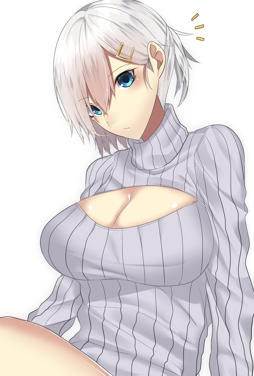 1girl alternate_costume arms_at_sides bangs blue_eyes breasts cleavage cleavage_cutout dress eyebrows_visible_through_hair hair_between_eyes hair_ornament hairclip hamakaze_(kantai_collection) head_tilt highres kantai_collection large_breasts long_sleeves looking_at_viewer meme_attire onineko-chan open-chest_sweater ribbed_sweater short_hair silver_hair simple_background sitting solo sweater sweater_dress turtleneck upper_body white_background white_sweater